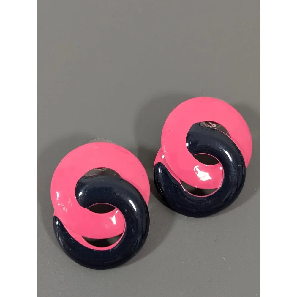 Vintage Pink Navy Enamel Swirl Earrings‎ Retro 80s 90s Statement